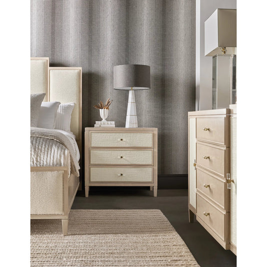 Melange Be My Guest Nightstand by Hooker Furniture in beige and polished limestone, oak veneers. Made from oak veneers, fabric, 100% polyester in a transitional style.