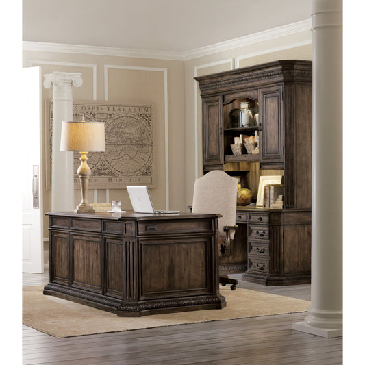 Rhapsody Executive Desk by Hooker Furniture in rustic walnut. Made from pecan, hickory, ash, black walnut, maple veneers with resin, high quality bonded leather in a traditional style.
