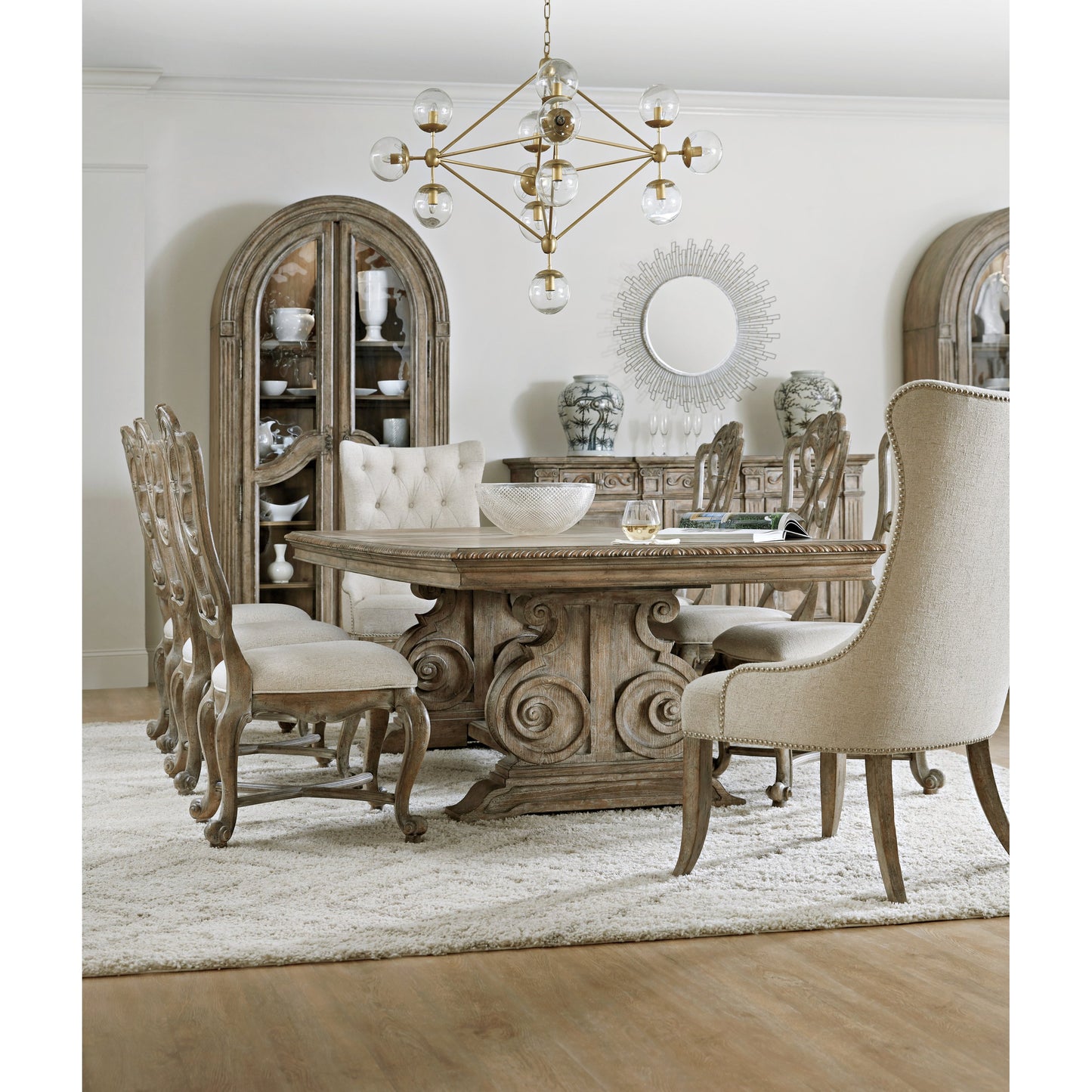 004 SI-1748570 | Lifestyle | Castella Bunching Curio Cabinet by Hooker Furniture in antique slate. Made from pecan, quartered walnut, quartered black walnut, quartered ash, maple veneers in a traditional style.