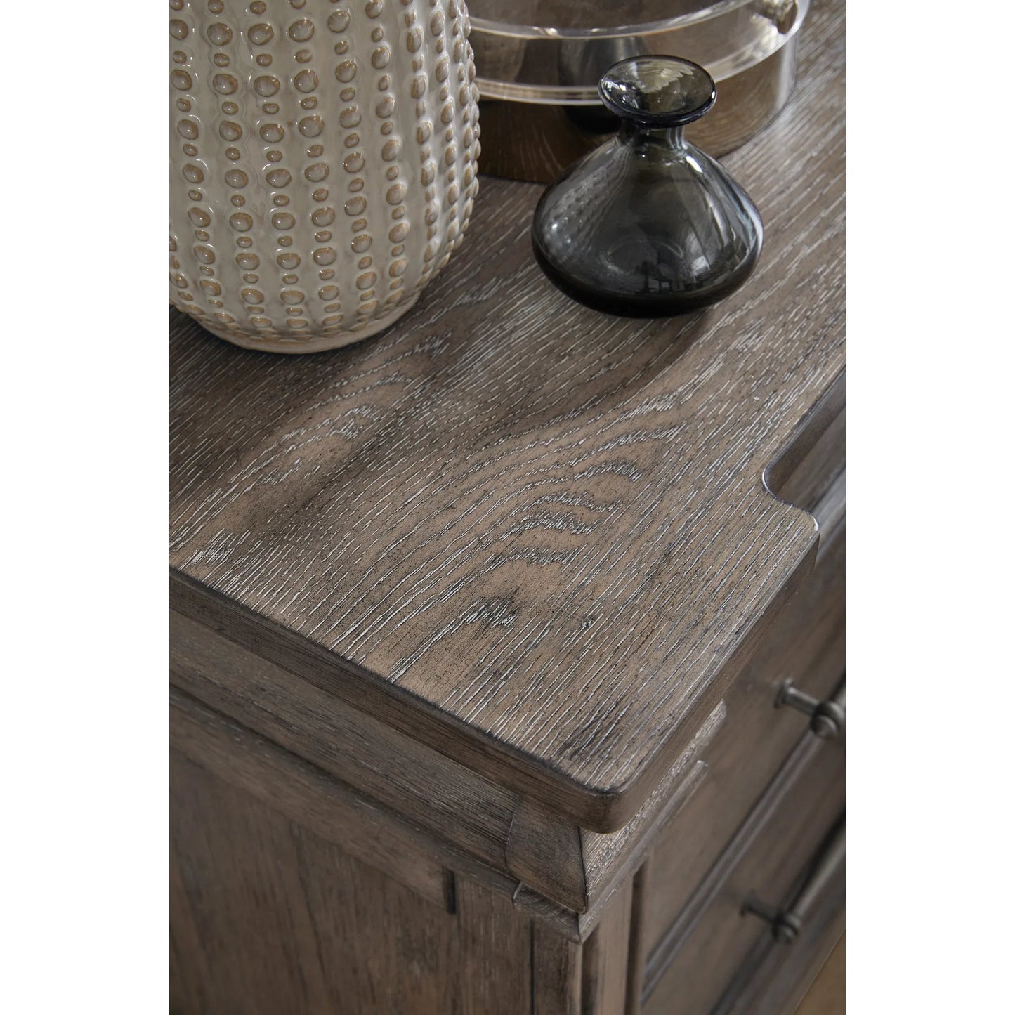 006 SI-2383584 | Closeup | Madison Ridge 3 Drawer Nightstand by Pulaski Furniture in natural bark. Made from flat-cut white oak wood veneers in a unique style.