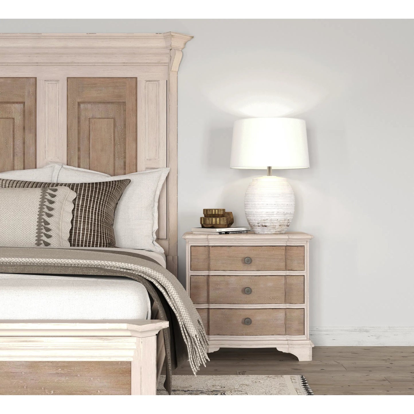 011 SI-2155738 | Lifestyle | Alcove Nightstand by A.R.T. Furniture in belgian ivory, washed maple. Made from acacia solids, maple veneers, metal in a traditional style.