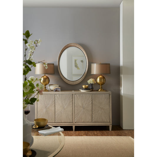 Elixir Buffet by Hooker Furniture in greige. Made from walnut veneers, faux shagreen in a cottage & farmhouse style.