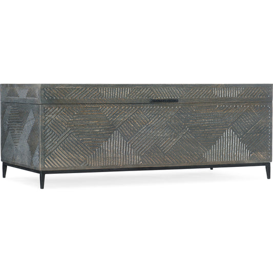 Commerce & Market Carved Chest Cocktail Table by Hooker Furniture in gray. Made from mango wood with iron in a transitional style.