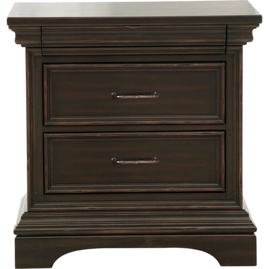 Caldwell Nightstand by Pulaski Furniture in deep brown. Made from acacia veneers in a traditional style.