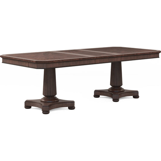 Revival Dual Pedestal Dining Table by A.R.T. Furniture in napa mahogany. Made from rubberwood solids, quarter mahogany veneer, resin in a traditional style.