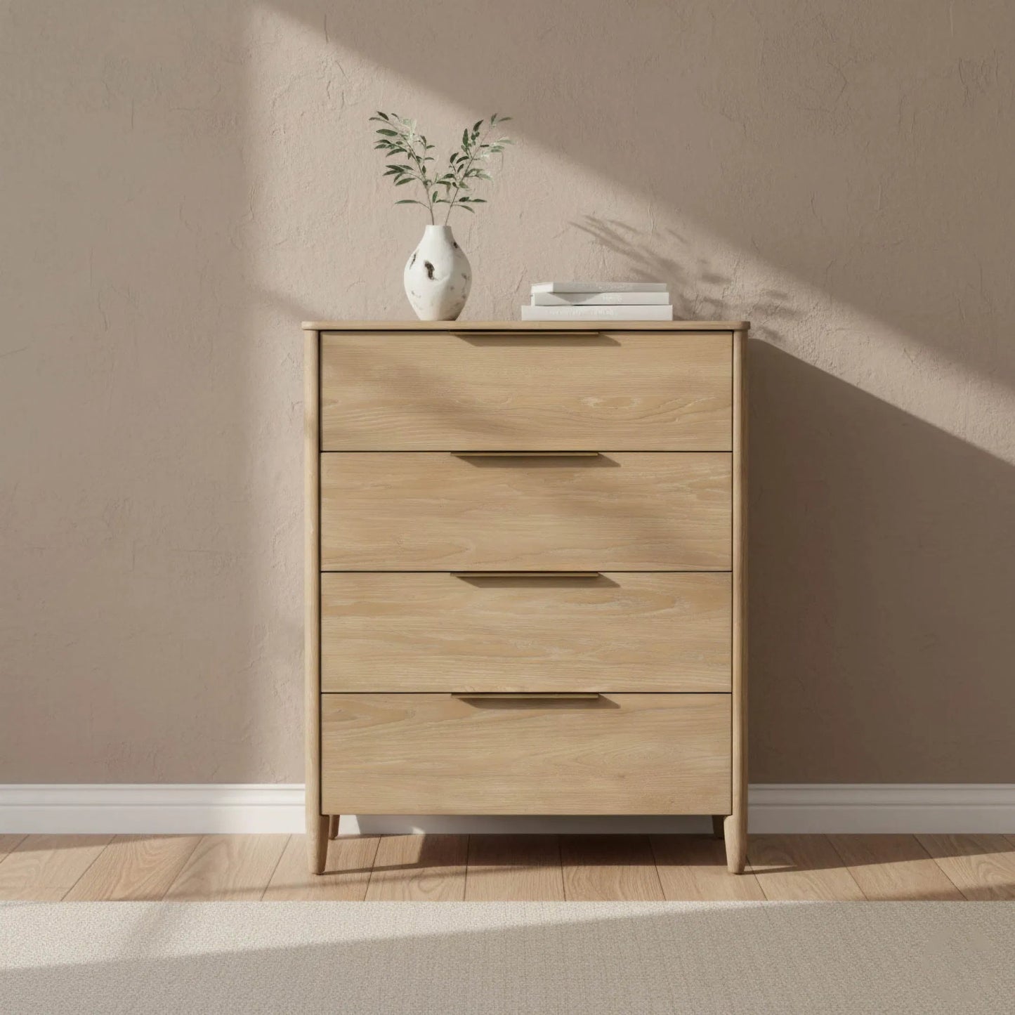 001 SI-2527533 | Lifestyle | Kamelia 4 Drawer Chest by LH Imports in sand, brass. Made from solid oak, oak veneer, mdf, metal in a unique style.
