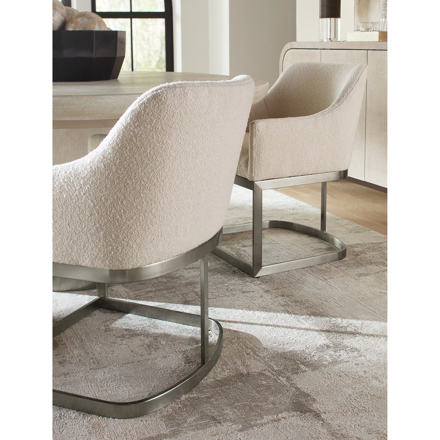 006 SI-2133632 | Lifestyle | Modern Mood Upholstered Arm Chair by Hooker Furniture in inverness natural and silver. Made from 83% polyester, 17% acrylic, metal in a modern style.