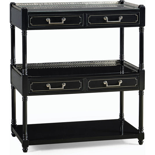 Reimagined Flux Lacquer Etagere by Jonathan Charles in lacquered black. Made from acacia in a modern style.