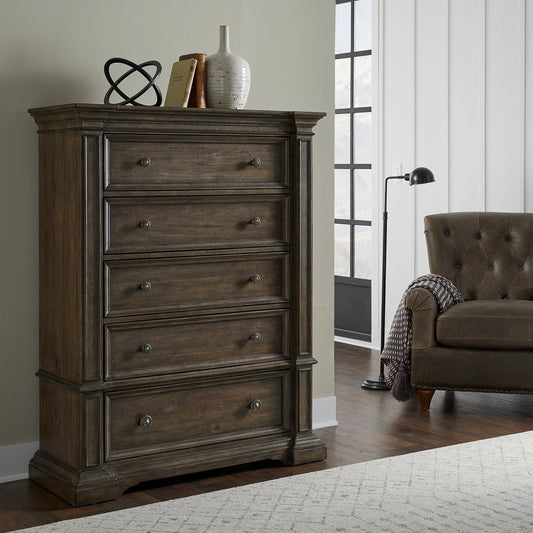 Woodbury Five-Drawer Chest by Pulaski Furniture in cowboy boots brown. Made from rubberwood in a traditional style.
