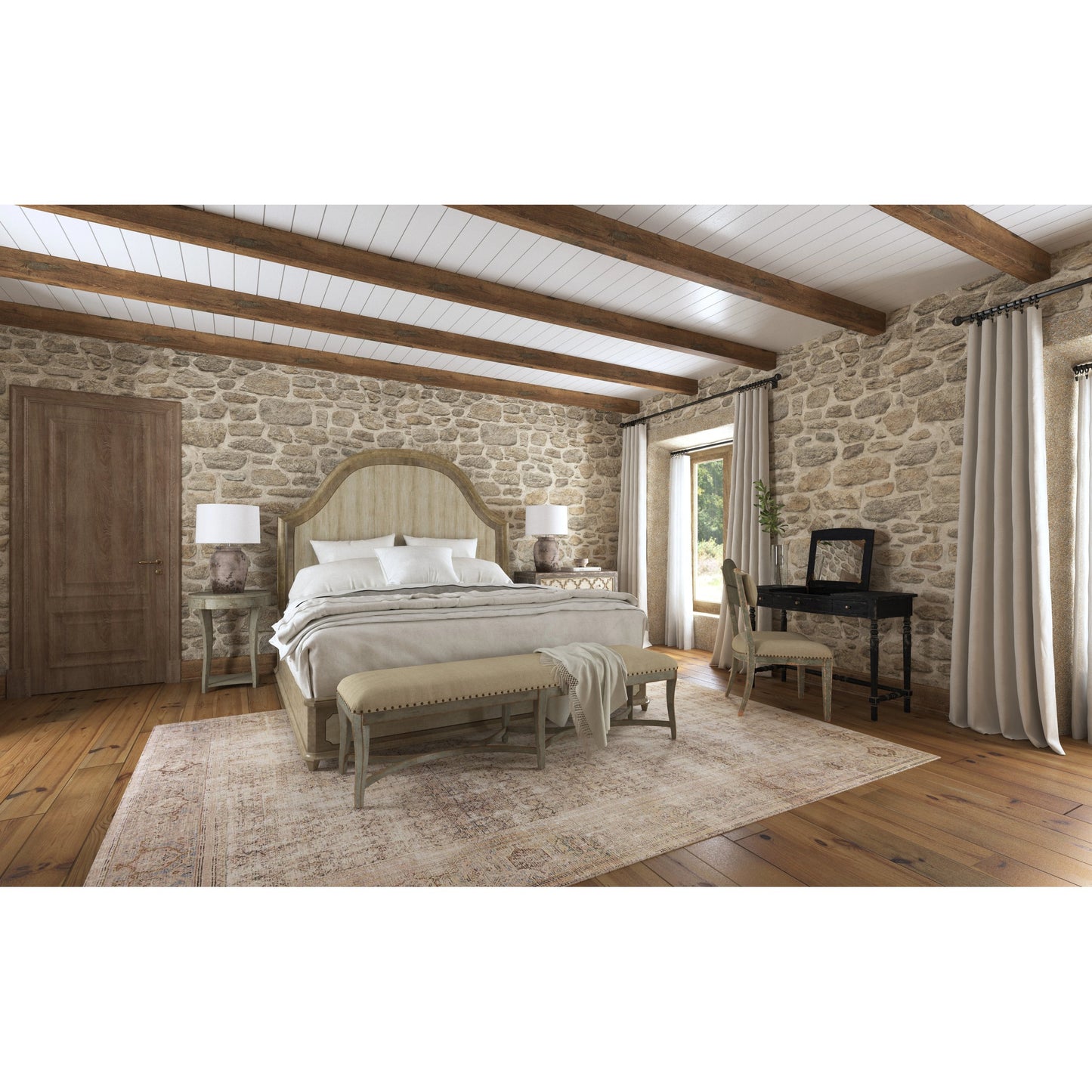 004 SI-1748243 | Lifestyle | Lauro Panel Bed by Hooker Furniture in sorrento. Made from oak veneers, aluminum sheet with handpainting in a coastal style.