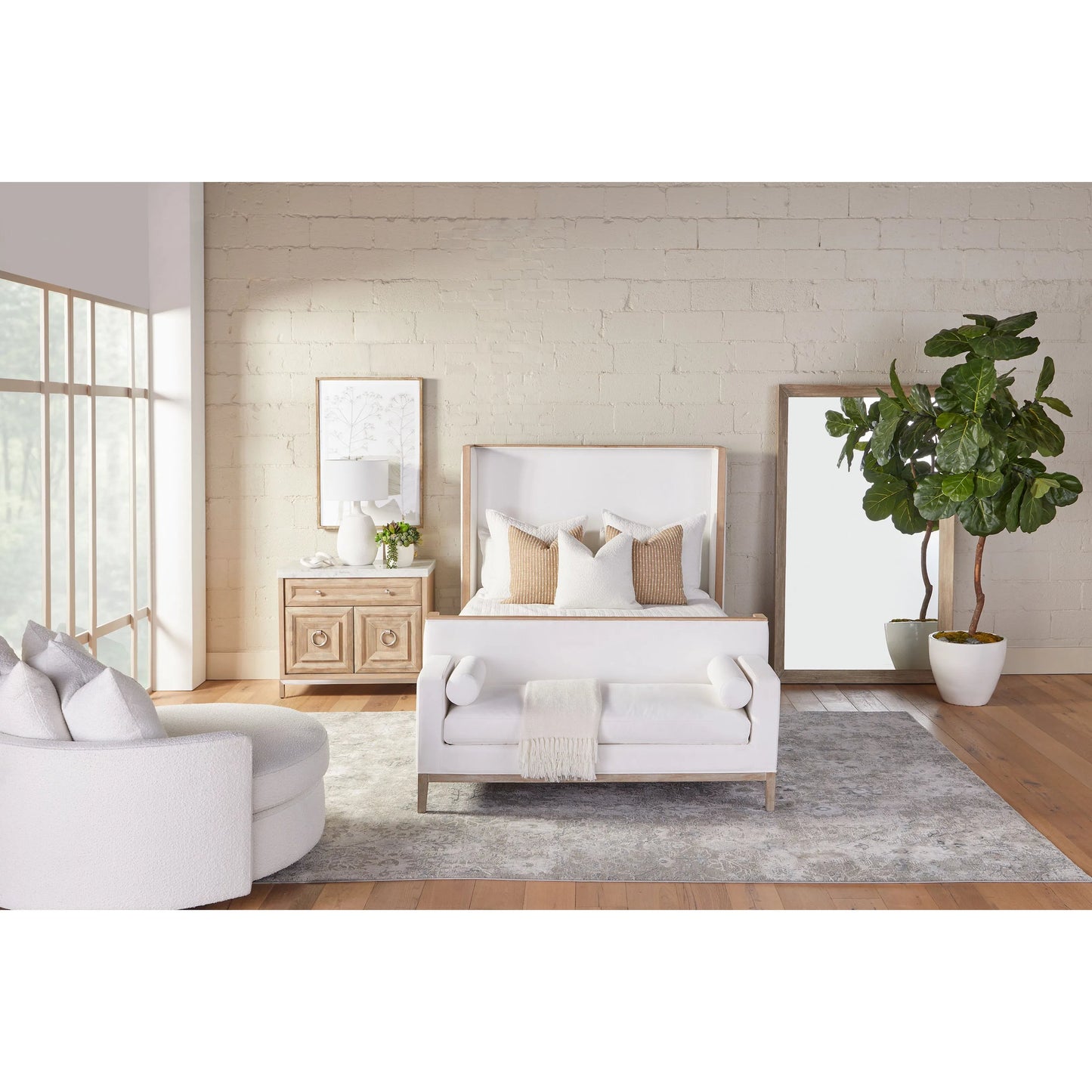 017 SI-1713552 | Lifestyle | Keaton Upholstered Bench by Essentials For Living in pearl and livesmart peyton pearl, natural gray oak. Made from solid oak wood, 98% polyester, 2% nylon fabric, foam in a transitional style.