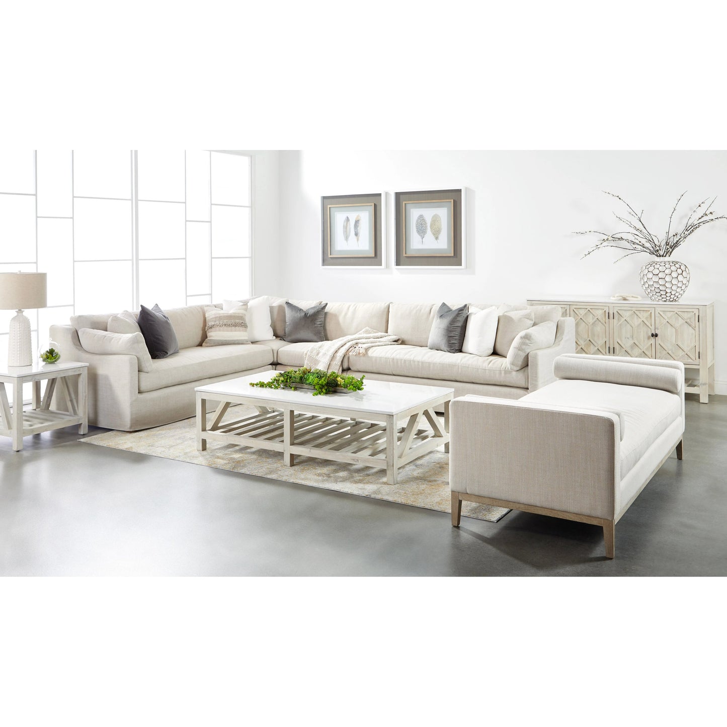 008 SI-1826871 | Lifestyle | Keaton Daybed by Essentials For Living in bisque and natural gray, bisque. Made from solid oak wood, 55% linen, 45% polyester fabric, foam in a modern style.