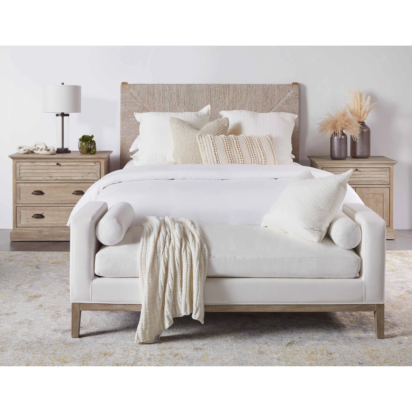 010 SI-1713552 | Lifestyle | Keaton Upholstered Bench by Essentials For Living in pearl and livesmart peyton pearl, natural gray oak. Made from solid oak wood, 98% polyester, 2% nylon fabric, foam in a transitional style.
