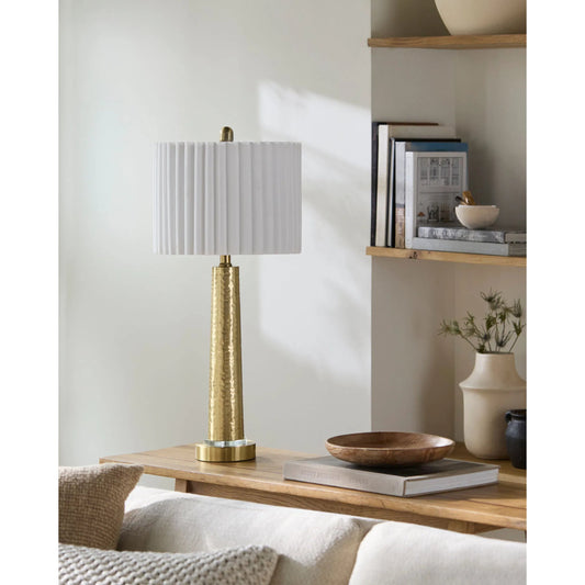 Kerfi Accent Table Lamp by Livabliss in body: metallic - brass; base: metallic - brass; shade: white; finial: metallic - brass; harp: metallic - brass; cord: translucent and plated. Made from iron, cotton in a modern style.