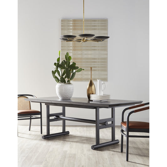 Bobby Berk Moller Arm Chair by A.R.T. Furniture in black and dark gray. Made from parawood solids, rattan mat, soft case in a rustic style.