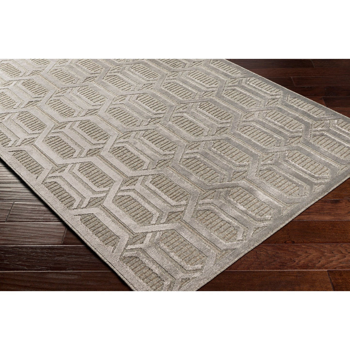002 SI-1884275,SI-1884279 | Closeup | Kingston Rug - 29826 by Livabliss in gray, medium gray. Made from 51% viscose, 49% wool in a unique style.