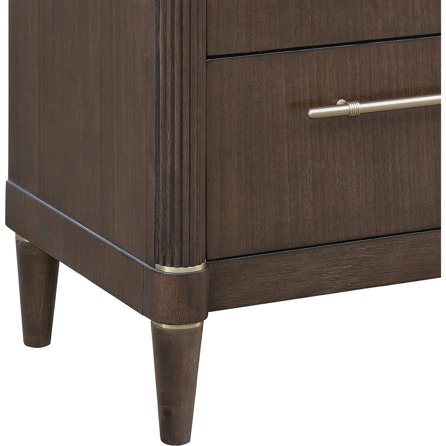 006 SI-2449349 | Closeup | Asher Park 3 Drawer Nightstand by Pulaski Furniture in piano brown. Made from eucalyptus veneers in a unique style.