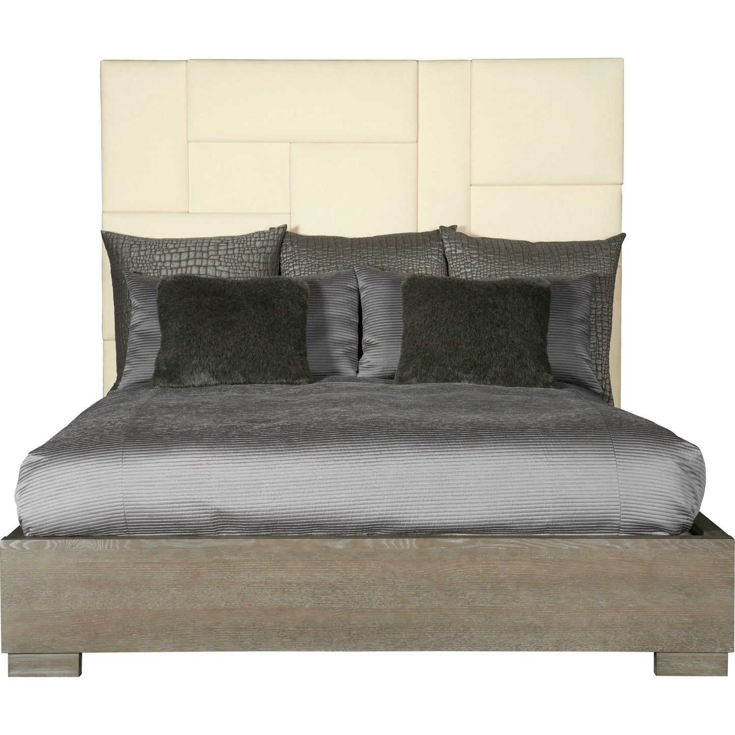 002 SI-1711571,SI-1711573 | Additional Silo | Mosaic Upholstered Bed by Bernhardt in dark taupe. Made from white oak veneers, fabric in a unique style.