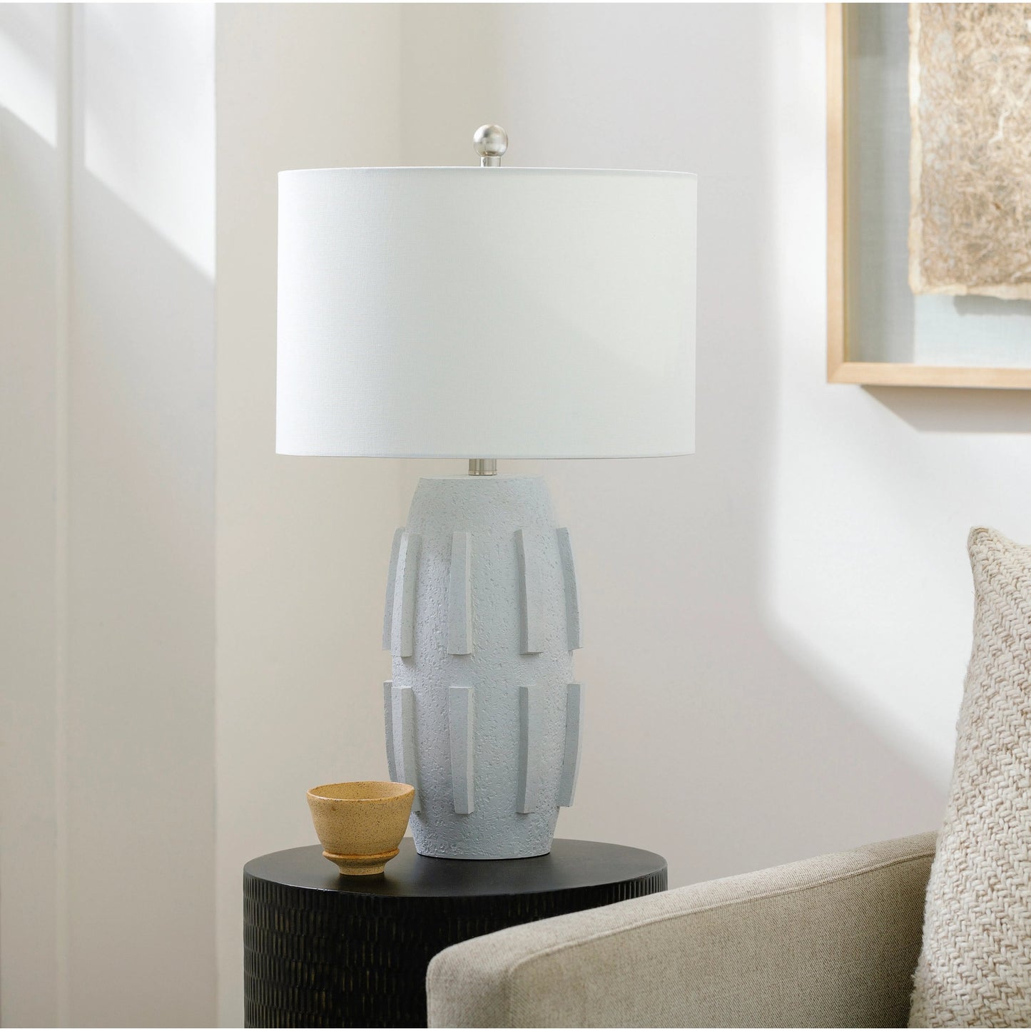 003 SI-2052635 | Lifestyle | Khaleesi - 492533 by Surya in white, translucent, metallic nickel and painted. Made from body: resin, shade (outside): linen, shade (inside): polyester, finial: metal in a modern style.