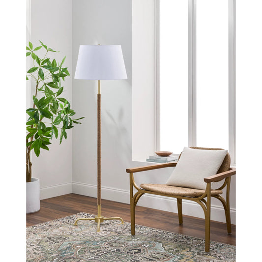 Kamo Accent Floor Lamp 594343 by Livabliss in body: gold, brown; base: gold; shade: white; finial: gold; harp: metallic - brass; cord: translucent and platedplatednaturalbrushed. Made from iron, rattan, linen, polyester in a mo