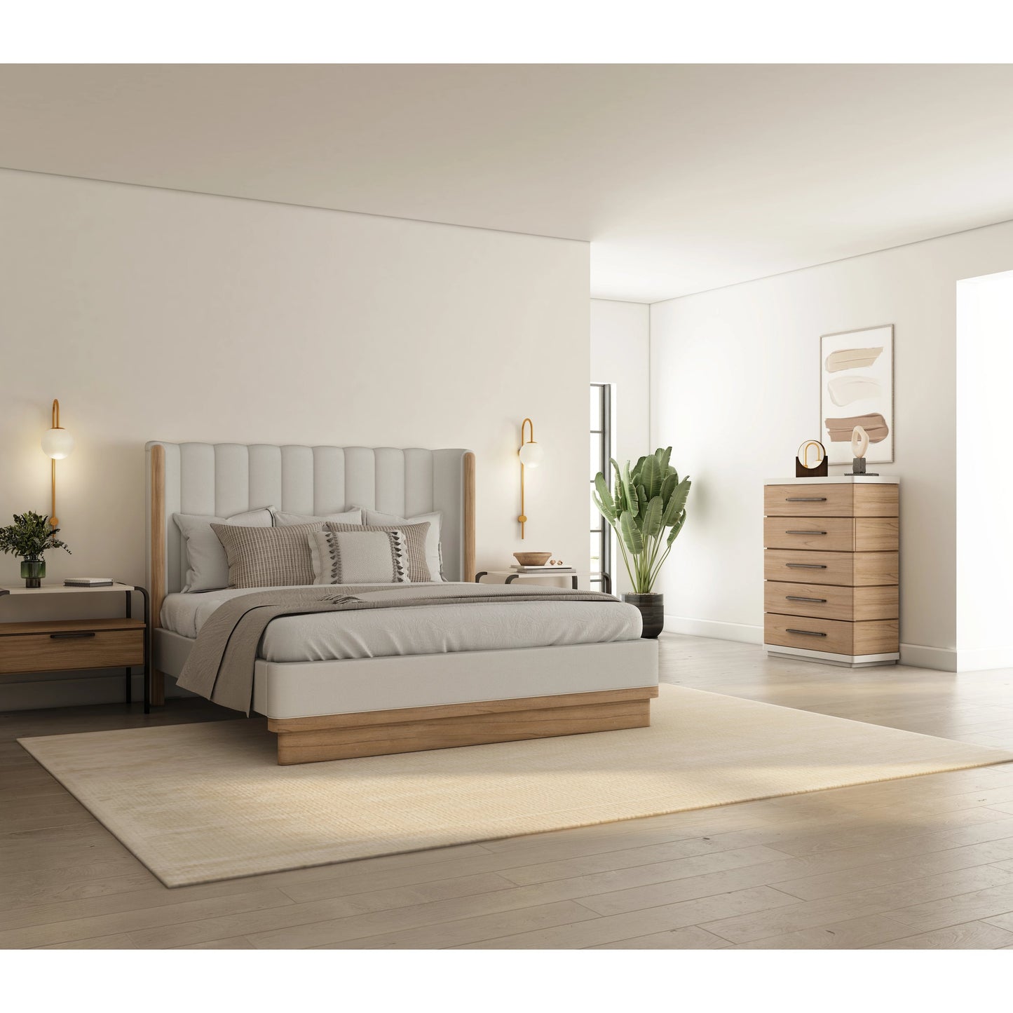 005 SI-2065193,SI-2065194,SI-2065195 | Lifestyle | Portico Upholstered Shelter Bed by A.R.T. Furniture in white and sienna. Made from parawood solids, foam, fabric in a modern style.