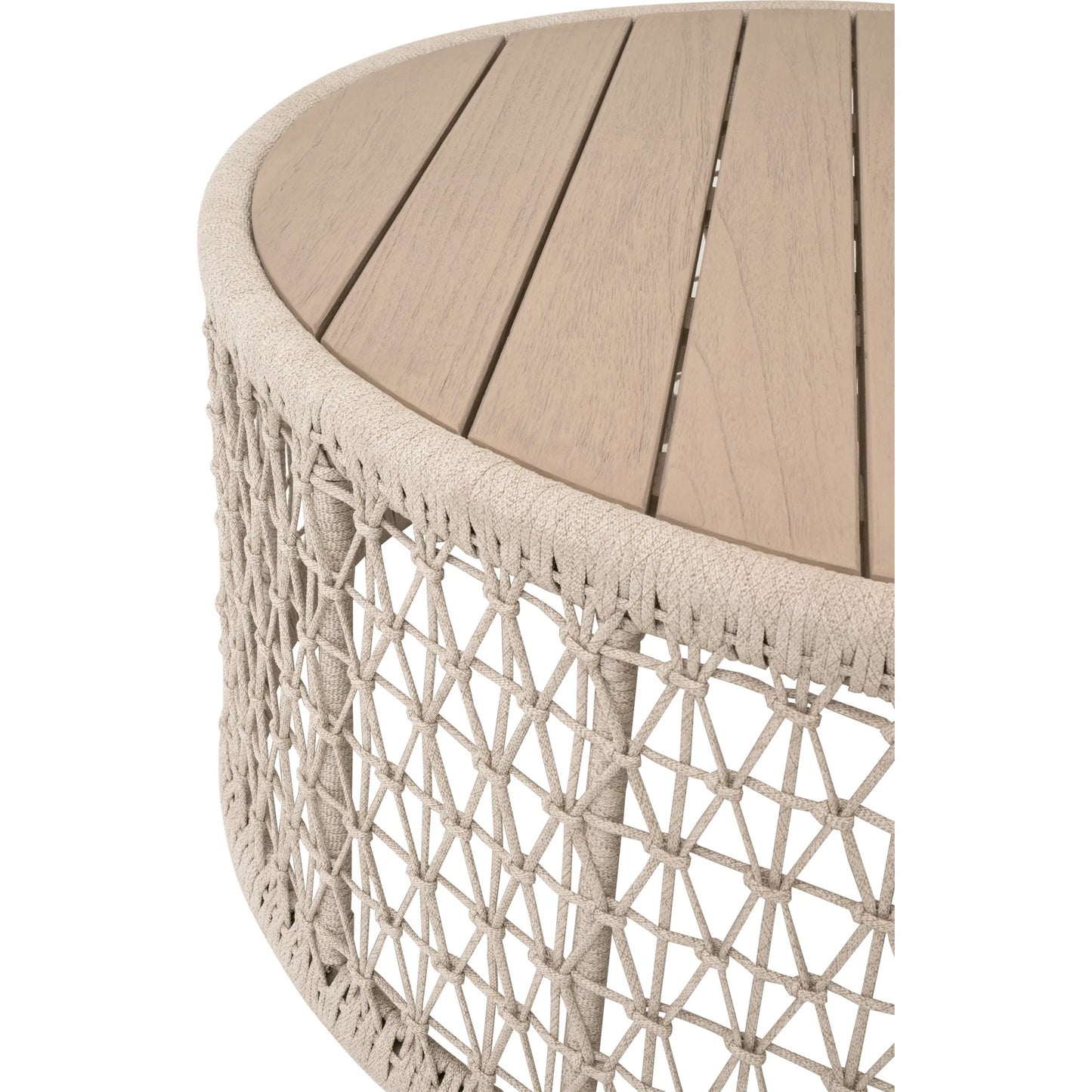 002 SI-2472615 | Closeup | Knit Coffee Table by Essentials For Living in oat flat rope, washed ever teak. Made from solid teak wood, aluminum in a rustic style.
