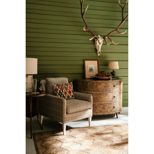 Reimagined Fulgurite Mappa Burl Demilune by Jonathan Charles in golden amber. Made from mappa burl veneer, brass hardware in a modern style.