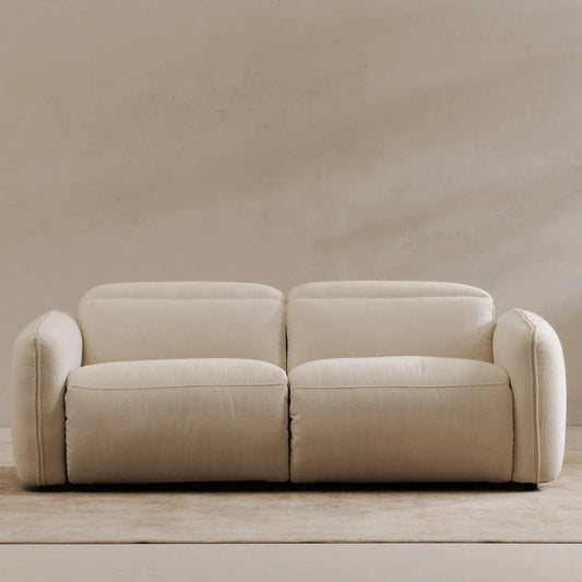 Eli Power Recliner Sofa by Moe's Home Collection in white. Made from 100% polyester, solid wood, plywood, high density foam, polyfill cushions, plastic black legs in a unique style.