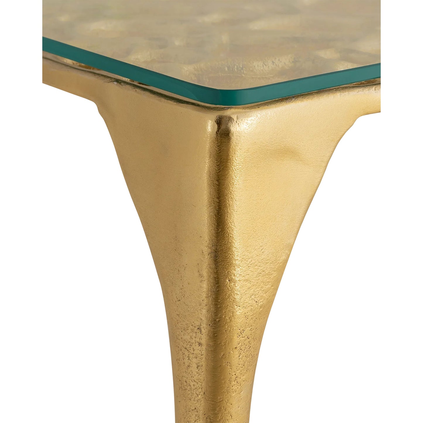 005 SI-2257292 | Closeup | Honeycomb Drinks Table by Currey and Company in gold, clear. Made from cast aluminum, glass in a modern style.