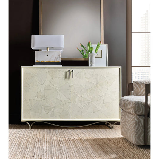 Melange White Lotus Hall Chest by Hooker Furniture in white painted, metal. Made from metal, birch veneers, dyed white figured maple veneers, dyed white birdseye maple veneers, fabric, 100% polyester in a transitional style.