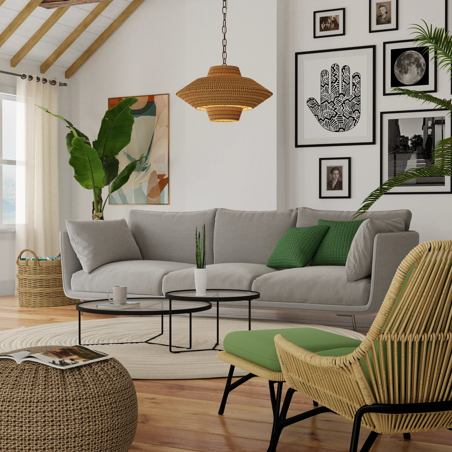 006 SI-1965992 | Lifestyle | Luca Single-Light Rattan 3-Tier Chandelier by Lumanity in hand painted bronze. Made from iron, natural rattan in a coastal style.