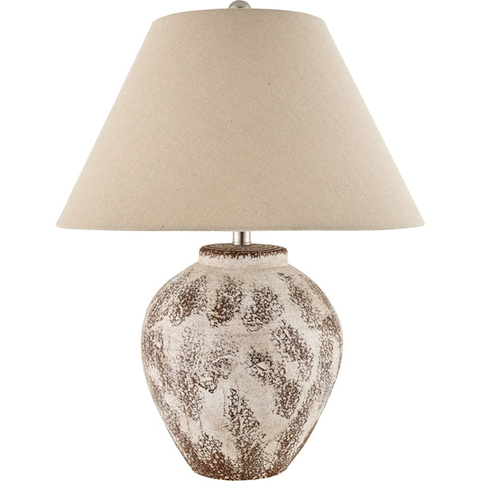 Kremis Accent Table Lamp by Livabliss in brown, beige and hand finished. Made from ceramic, linen, iron in a modern style.