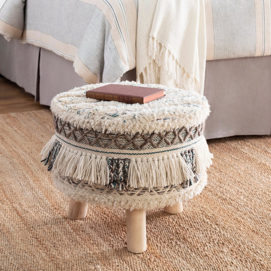 Karina Stool by Surya in deep teal, natural. Made from polyester, wool, wood in a eclectic & global style.