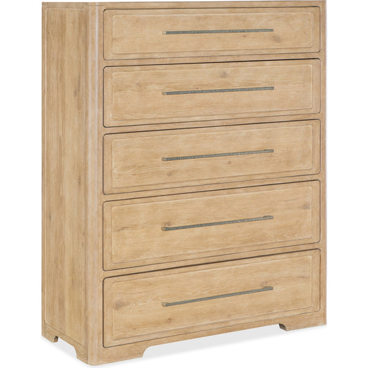 Retreat Five-Drawer Chest by Hooker Furniture in dune. Made from oak, maple veneers with cedar, felt in a cottage & farmhouse style.