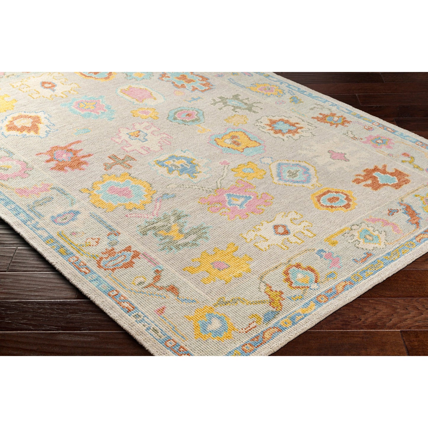 003 SI-1883740,SI-1883742,SI-1883743,SI-1883744 | Closeup | Kars Rug - 30333 by Surya in yellow, light pink, aqua, blue, rust, grass green. Made from 80% wool, 20% cotton in a unique style.