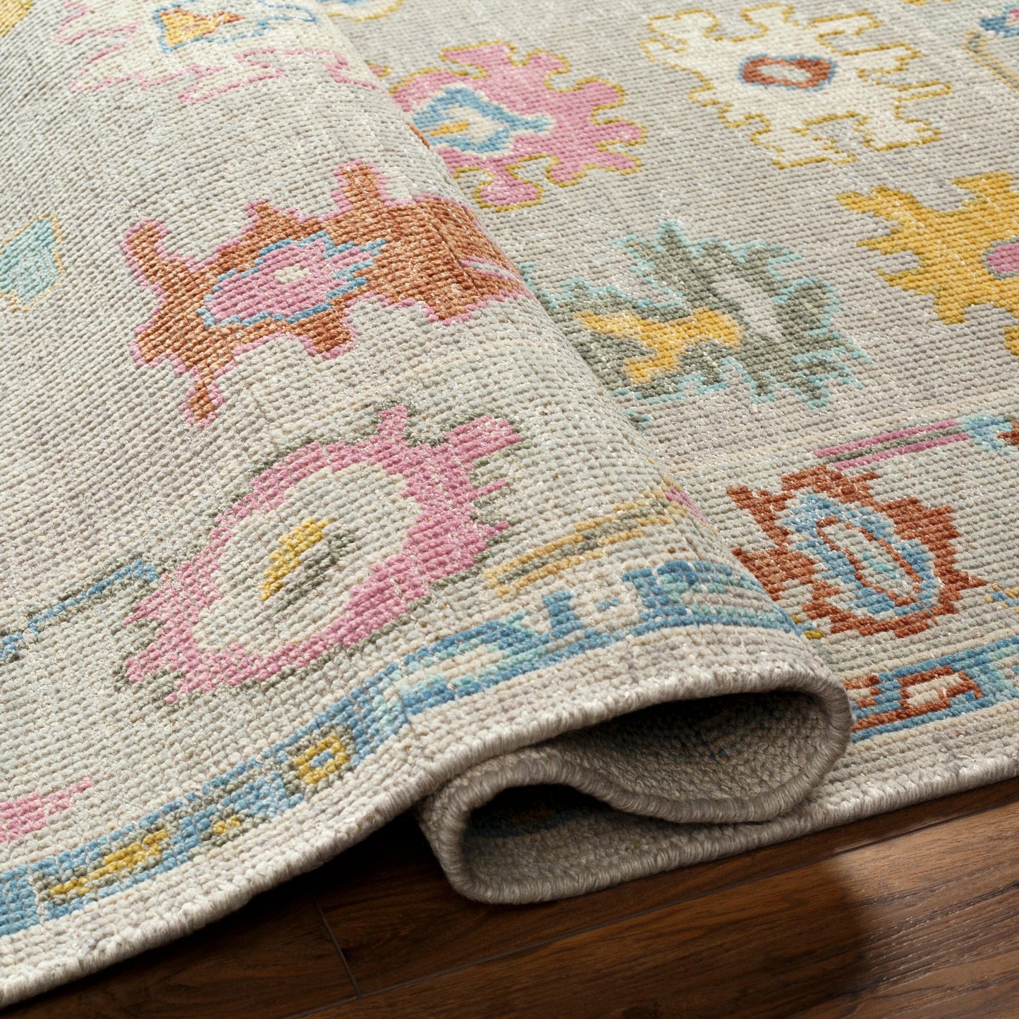 004 SI-1883740,SI-1883742,SI-1883743,SI-1883744 | Closeup | Kars Rug - 30333 by Surya in yellow, light pink, aqua, blue, rust, grass green. Made from 80% wool, 20% cotton in a unique style.