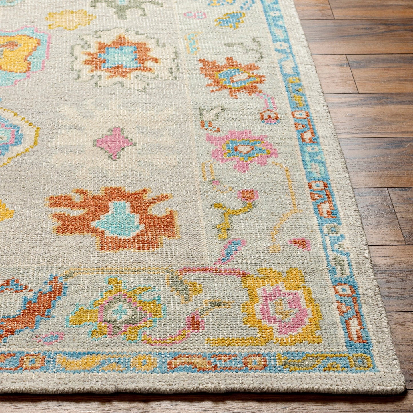 005 SI-1883740,SI-1883742,SI-1883743,SI-1883744 | Closeup | Kars Rug - 30333 by Surya in yellow, light pink, aqua, blue, rust, grass green. Made from 80% wool, 20% cotton in a unique style.