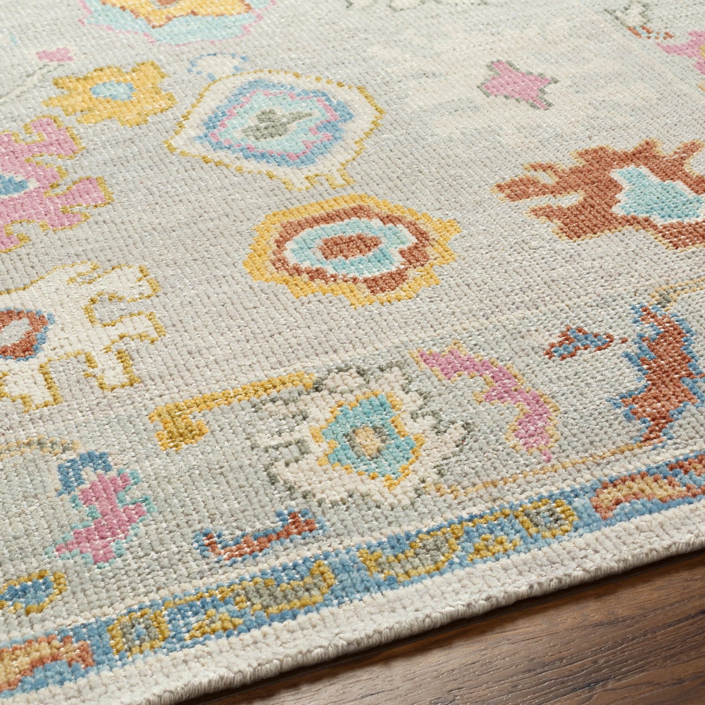 006 SI-1883740,SI-1883742,SI-1883743,SI-1883744 | Closeup | Kars Rug - 30333 by Surya in yellow, light pink, aqua, blue, rust, grass green. Made from 80% wool, 20% cotton in a unique style.