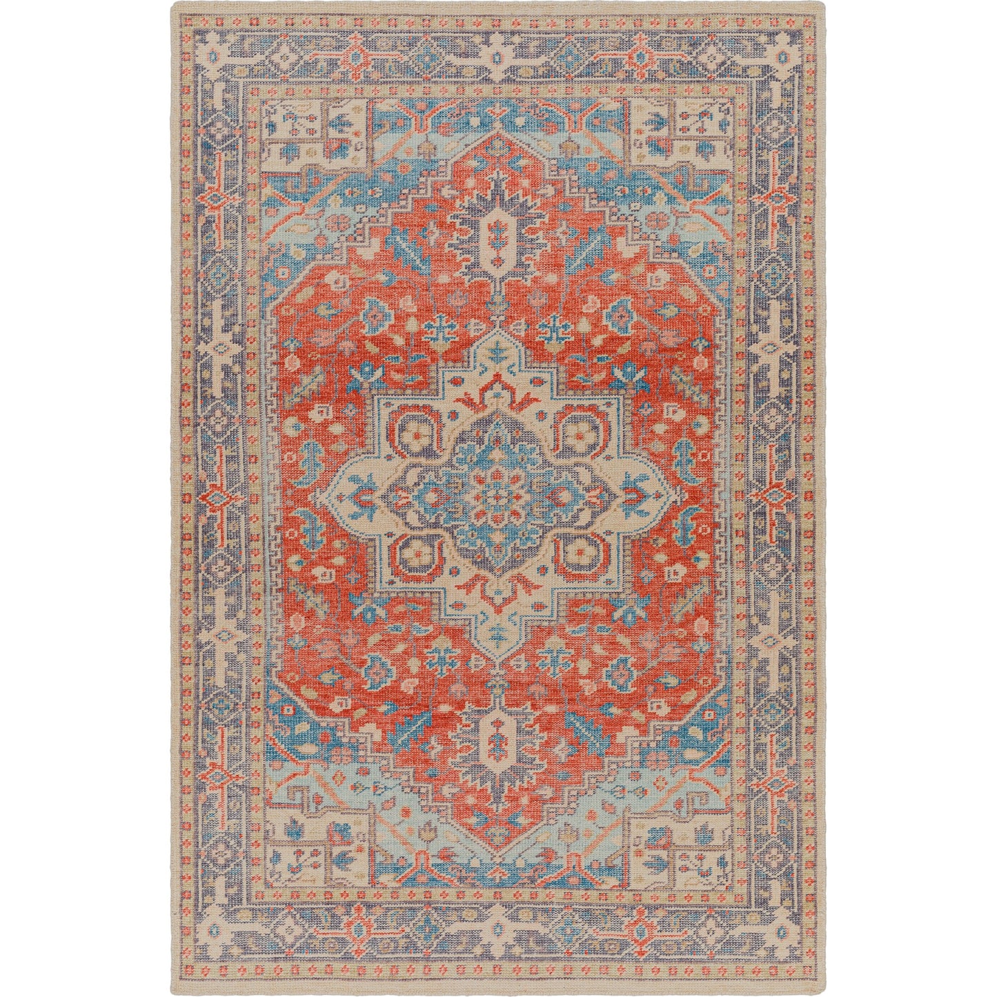 002 SI-1883748,SI-1883749,SI-1883750,SI-1883752,SI-1883753,SI-1883755 | Primary Silo | Kars Rug - 30334 by Surya in red, coral, blue, pale blue, tan, light beige. Made from 80% wool, 20% cotton in a unique style.