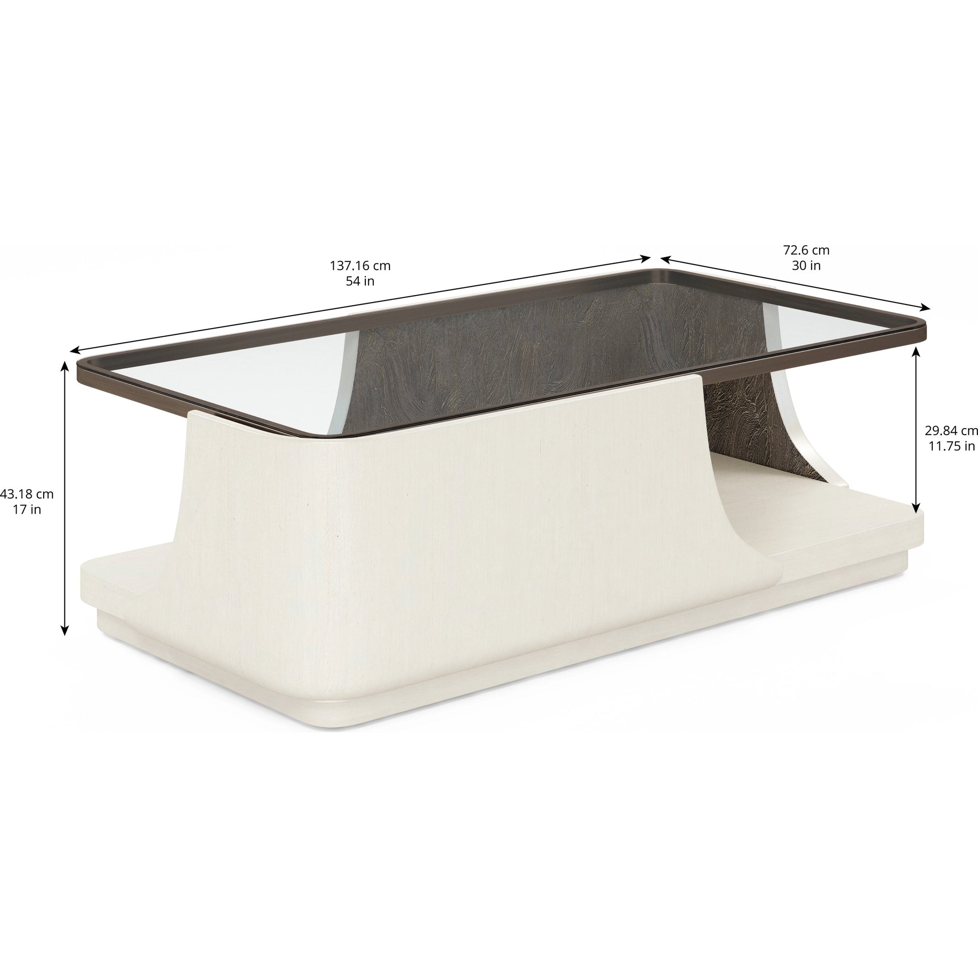 Blanc Cocktail Table by A.R.T. Furniture in alabaster, burnished bronze. Made from parawood solids, resin, metal, glass in a modern style.