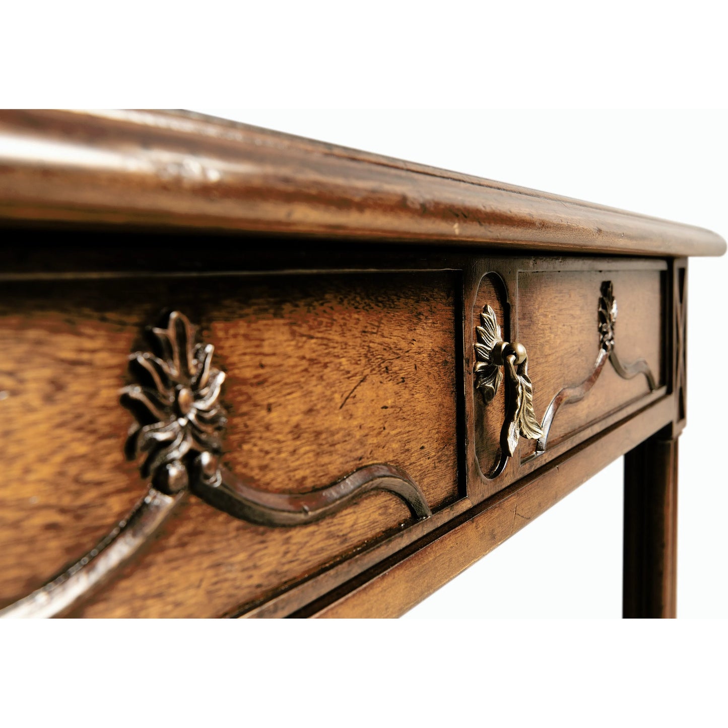 009 SR-847338 | Closeup | Buckingham Chippendale Gothic Side Table by Jonathan Charles in dark american crotch walnut. Made from acacia in a traditional style.