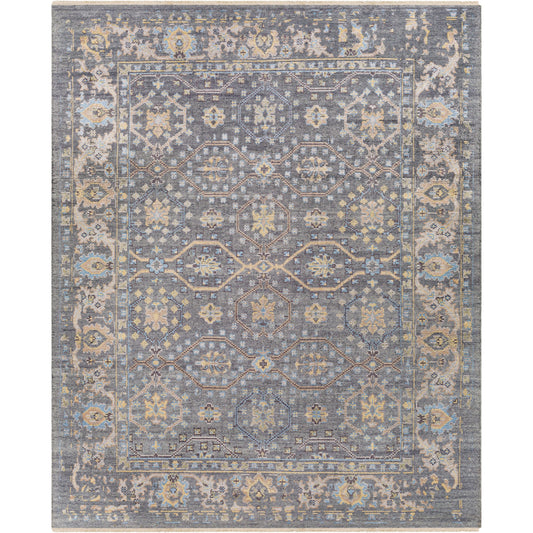001 SI-1884363 | Primary Silo | Kushal Rug KUS-2304 by Surya in wheat, pale blue, cream, charcoal, light gray. Made from 70% viscose, 30% wool in a traditional style.