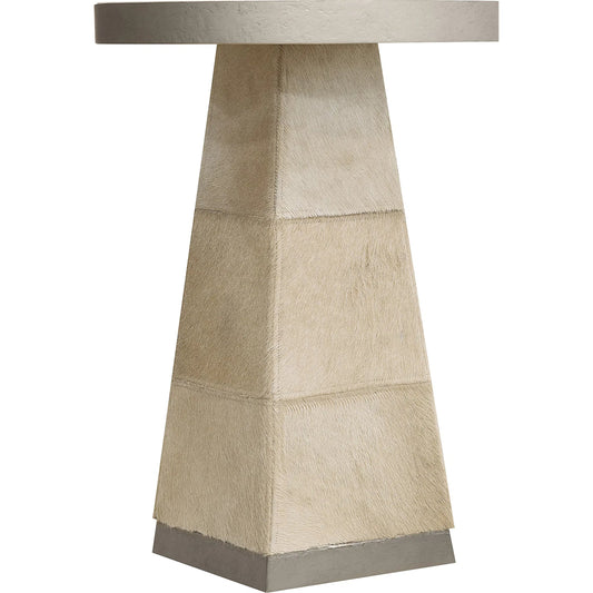 Melange Holy Cow Spot Table by Hooker Furniture in silver metal, beige leather. Made from wood, stone, metal, hair on hide leather, fabric, 82% polyester, 13% acrylic, 5% linen in a transitional style.