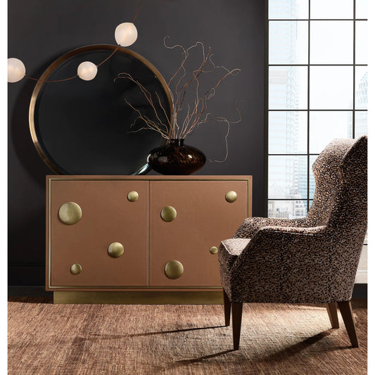 Melange Lottie Dottie Hall Chest by Hooker Furniture in brown leather, gold accent metal, gold plinth. Made from wood, leather, aluminum, fabric, 100% polyester in a modern style.