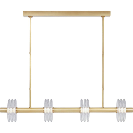 Kelly Wearstler Laurel 4-light Dimmable Linear Chandelier by Visual Comfort & Co. in white and hand rubbed antique brass. Made from brass in a modern style.