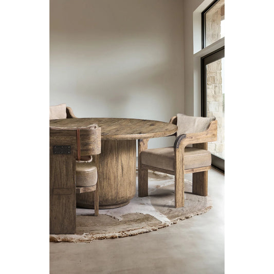 60" Stone Ridge Round Dining Table by Jonathan Charles in tully light acacia. Made from acacia in a transitional style.