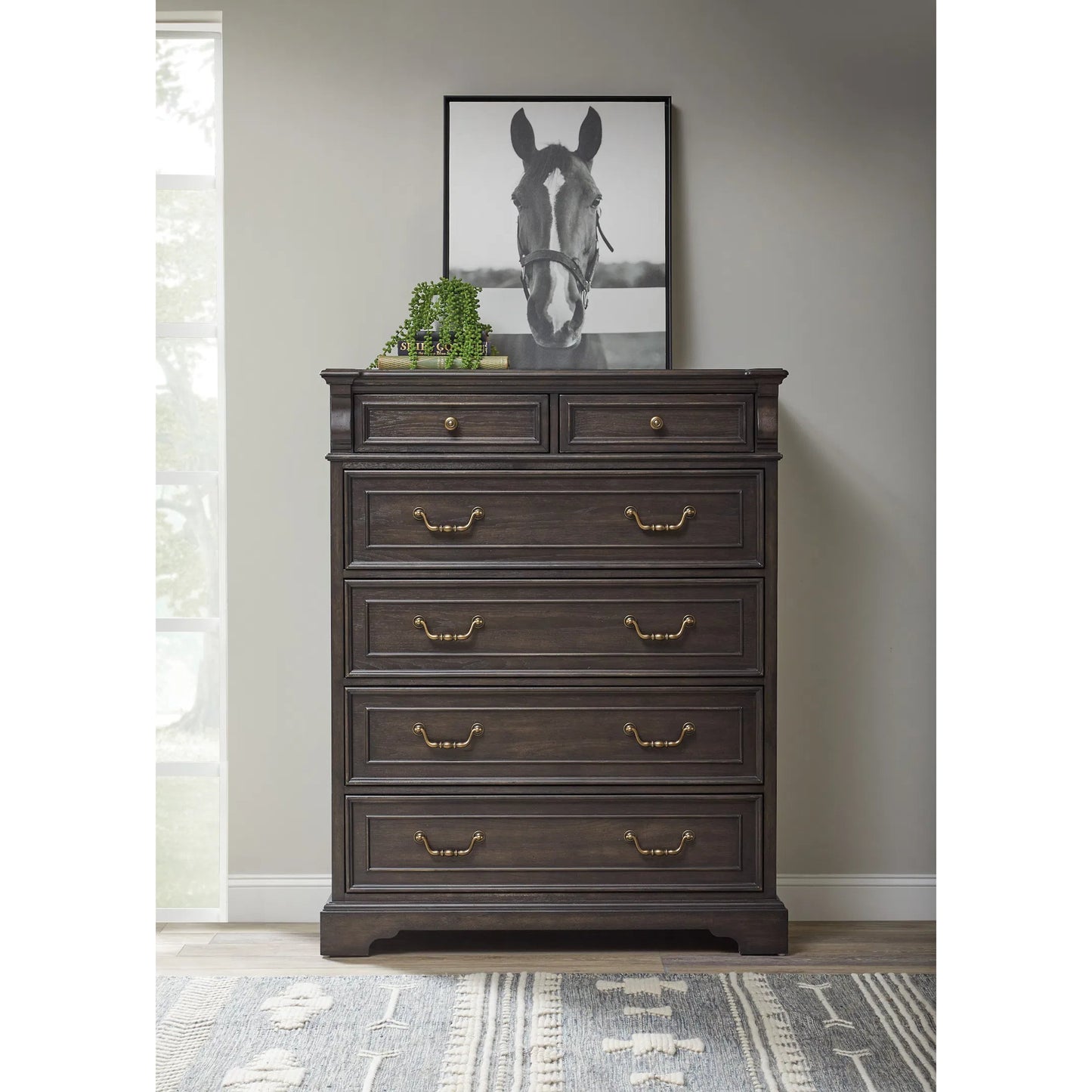 008 SI-2383572 | Lifestyle | Hickory Creek 6 Drawer Chest by Pulaski Furniture in brown velvet. Made from split heart cathedral hickory veneers in a unique style.