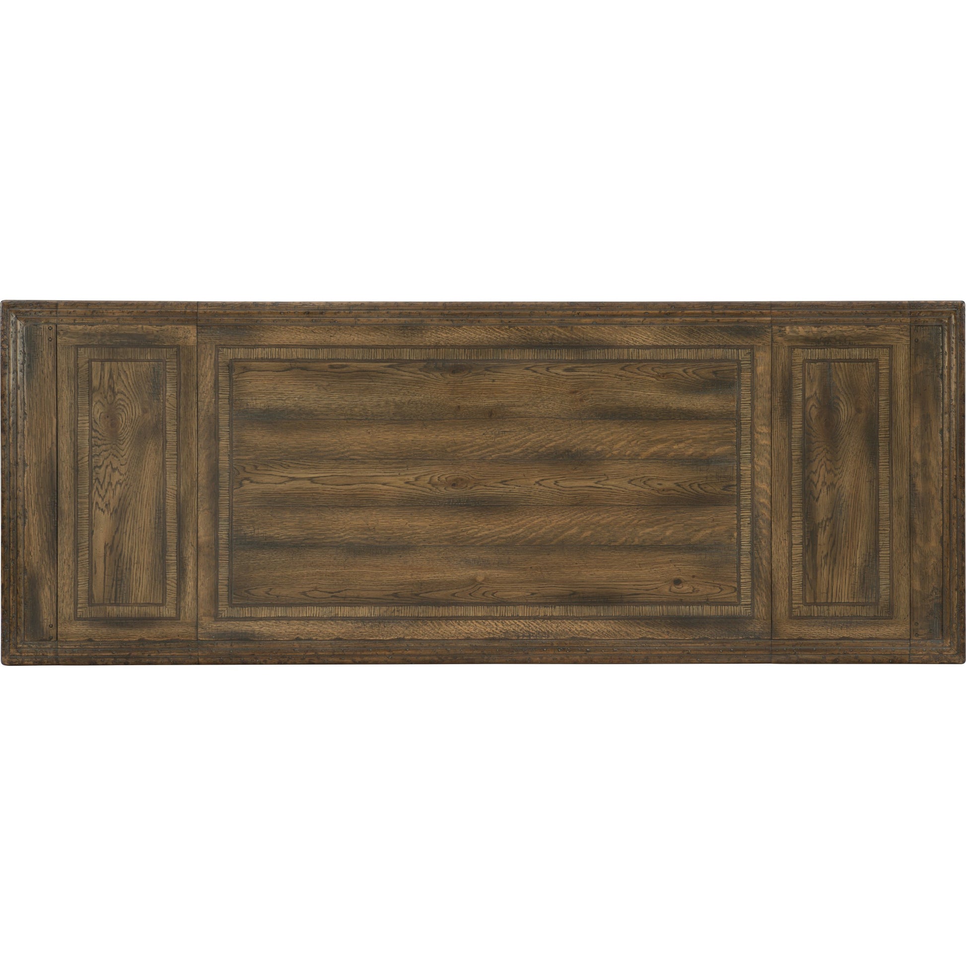 Balcones Friendship Table by Hooker Furniture in saddle brown, anthracite black. Made from white oak, walnut veneers with resin, cedar in a traditional style.