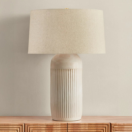 Stevens Point Table Lamp by Hudson Valley in aged brass, ceramic oyster white. Made from unique in a transitional style.