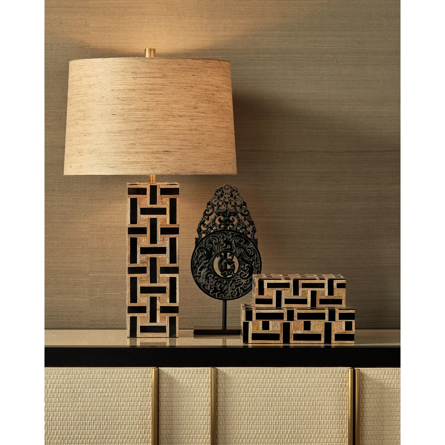 014 SI-2191635 | Lifestyle | Aarna Box Set by Currey and Company. Made from composite, wood, engineered hardwood, linen in a modern style.